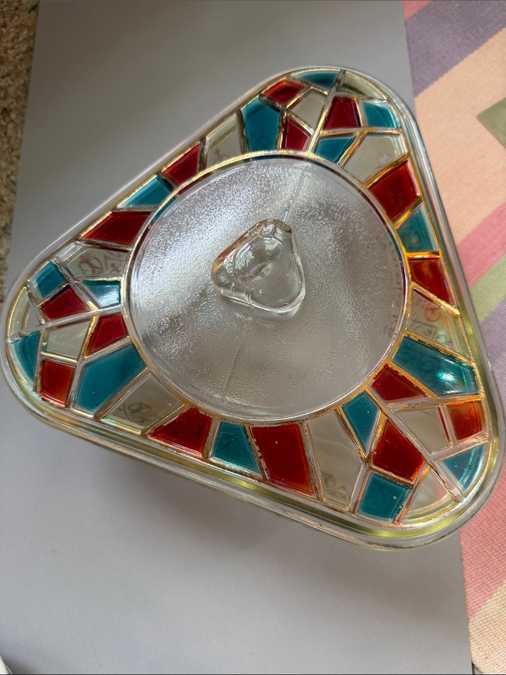 Vintage Inland Glass Fire King Triangular Covered Dish Mosaic w/ Lid Atomic MCM